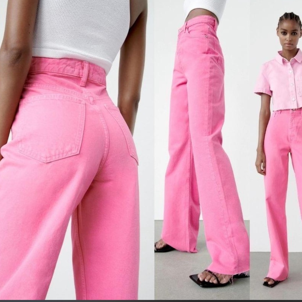 Zara Viral Blogger’s Fav High Rise Wide Leg Pink Jeans 8 INSEAM 34